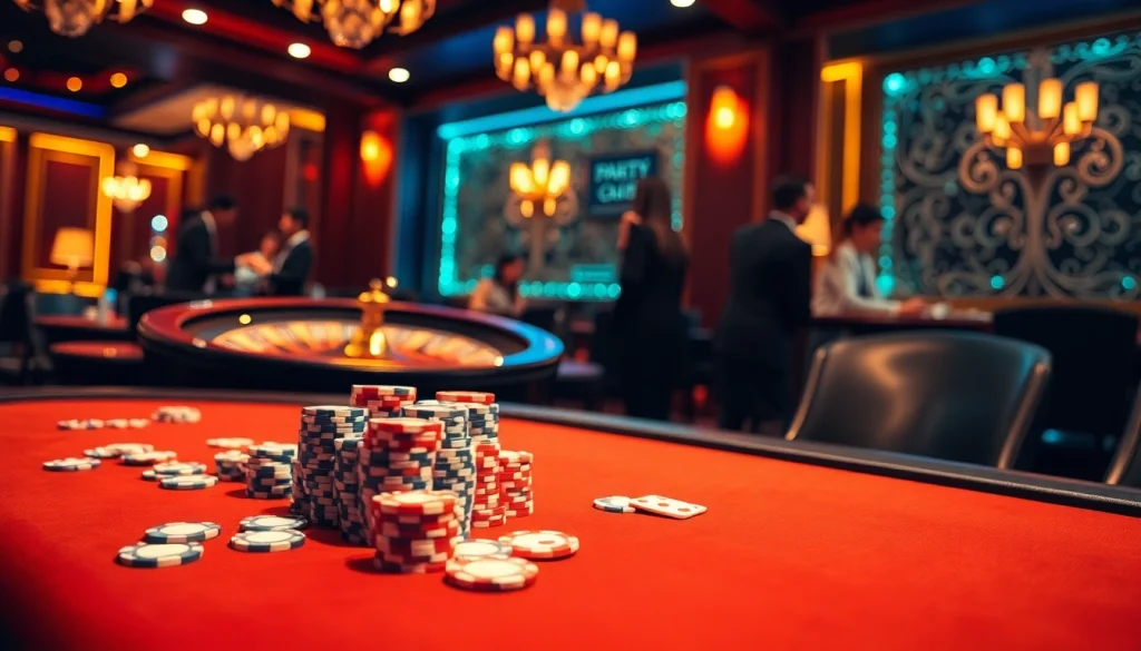 Engage with thrilling games at https://thabet77.org/ featuring a luxurious casino scene showcasing poker and roulette.