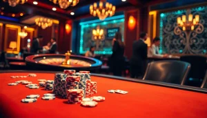 Engage with thrilling games at https://thabet77.org/ featuring a luxurious casino scene showcasing poker and roulette.