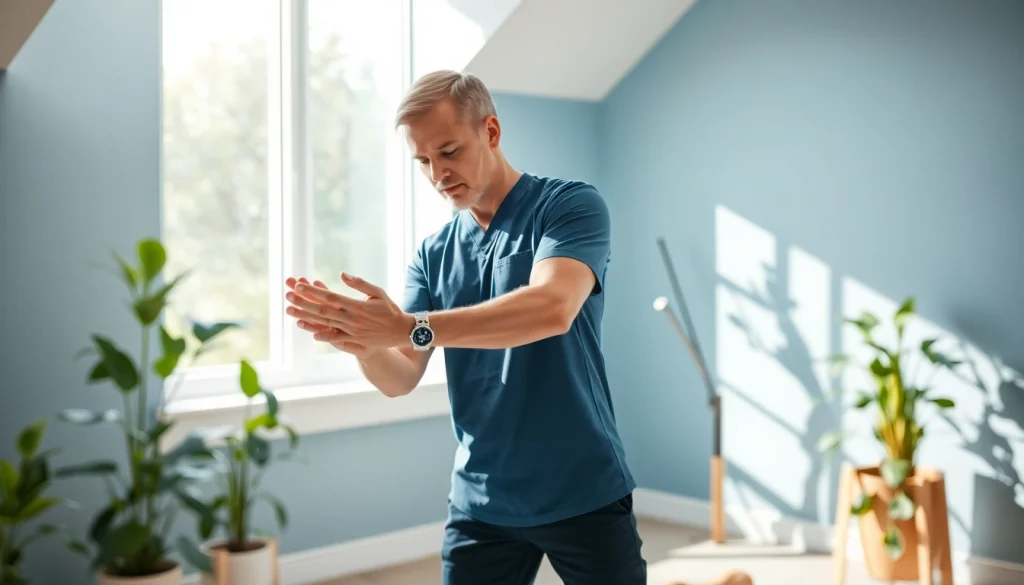 Physiotherapie Stuttgart: Physiotherapist demonstrating stretching techniques in a serene therapy room.
