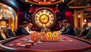 Players engaged at GG88 poker table, chips and cards stacked in a luxurious casino.