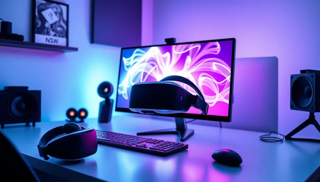 Immersive NSFW AI experience in a modern virtual reality workspace.