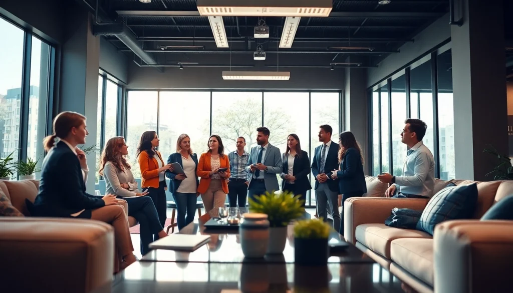 Engaged team collaborating to hire commission sales reps in a modern office setting.