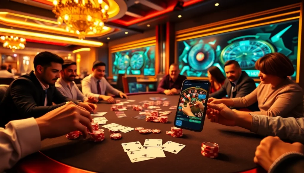 Gamblers enjoying a thrilling game at the new88bet casino table with colorful chips and cards.