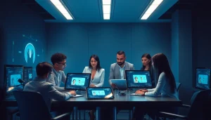 Futuristic workspace showcasing innovative porn AI technology and diverse individuals collaborating.