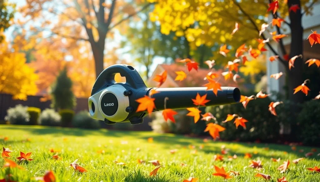 Electric leaf blower in action, clearing autumn leaves in a sunny garden.