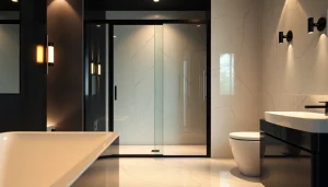 Stylish black shower sliding door enhancing a modern bathroom's elegance and aesthetic.