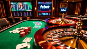 Professional poker action scene at https://febet8.com showcasing vibrant poker chips and a roulette wheel.