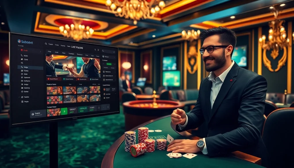 SboBet sports betting interface with poker chips and a roulette table, showcasing a thrilling casino experience.