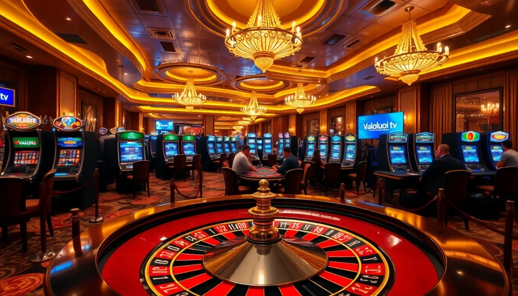 Experience high-stakes action with Vaoluoi tv at a luxurious casino setting, featuring roulette and poker tables.