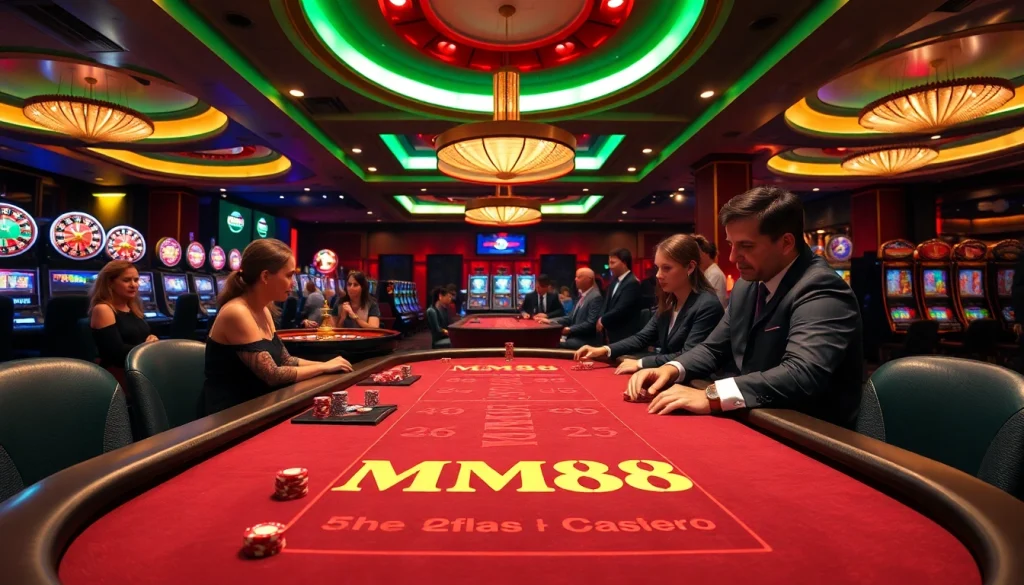 Engaging players experience high-stakes poker at MM88's luxurious casino.