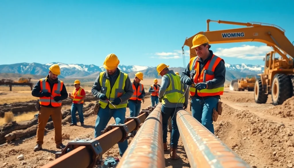 Workers collaborating on a construction site showcasing the construction association wyoming in action.
