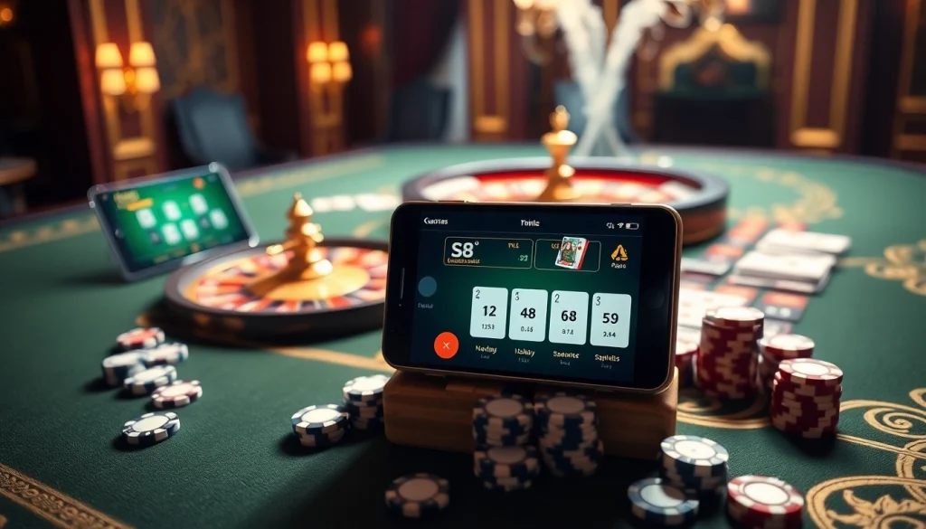 S8 online casino scene with roulette table, poker cards, and gambling devices.