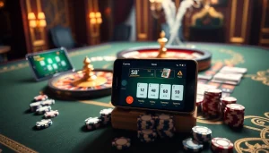 S8 online casino scene with roulette table, poker cards, and gambling devices.