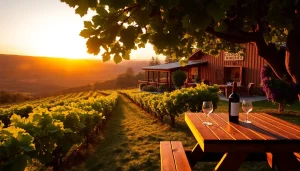 Savoring the scenic beauty of Clarksburg wineries with vibrant vines and a warm sunset.