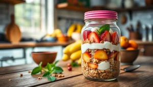 Create a delicious mason jar breakfast with layers of yogurt and fresh fruits on https://masonjarbreakfast.com.