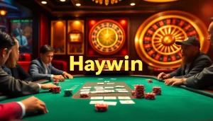 Experience high-stakes excitement at a Haywin-themed casino table with vibrant poker chips.