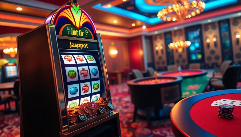 Permainan slot pulsa yang menarik dengan lampu-lampu cerah dan suasana kasino, menangkap kegembiraan perjudian.