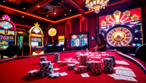 Experience the thrill of 88aa in a luxurious casino setting with vibrant gaming tables and vivid slot machines.