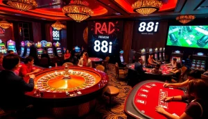 Players enjoying poker at 88i's luxurious casino, capturing excitement in the air.