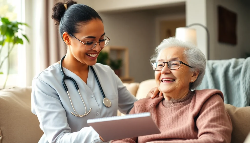 Provide senior care austin tx in a warm home environment, showcasing a caregiver assisting a senior.