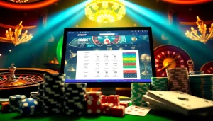 Sbobet betting interface displayed on a luxurious desk surrounded by poker chips and playing cards.