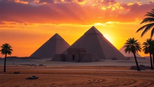 Stunning view of piraminds against a sunset, capturing their grandeur and historical significance.