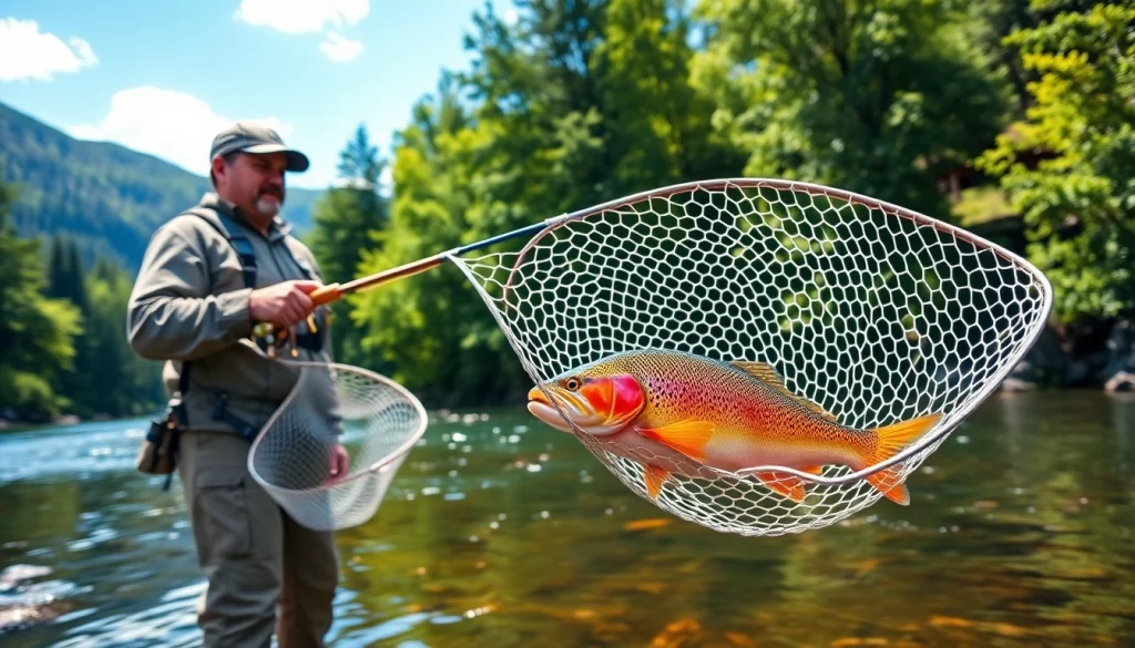 Catch a trout with a fly fishing net in a peaceful river setting.