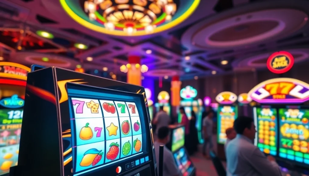 Menampilkan slot depo 1k dengan mesin slot digital berwarna cerah dan suasana kasino yang hidup.