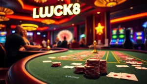Người chơi tham gia một trò chơi đầy kịch tính tại bàn casino LUCK8, với các chip poker và bộ bài.
