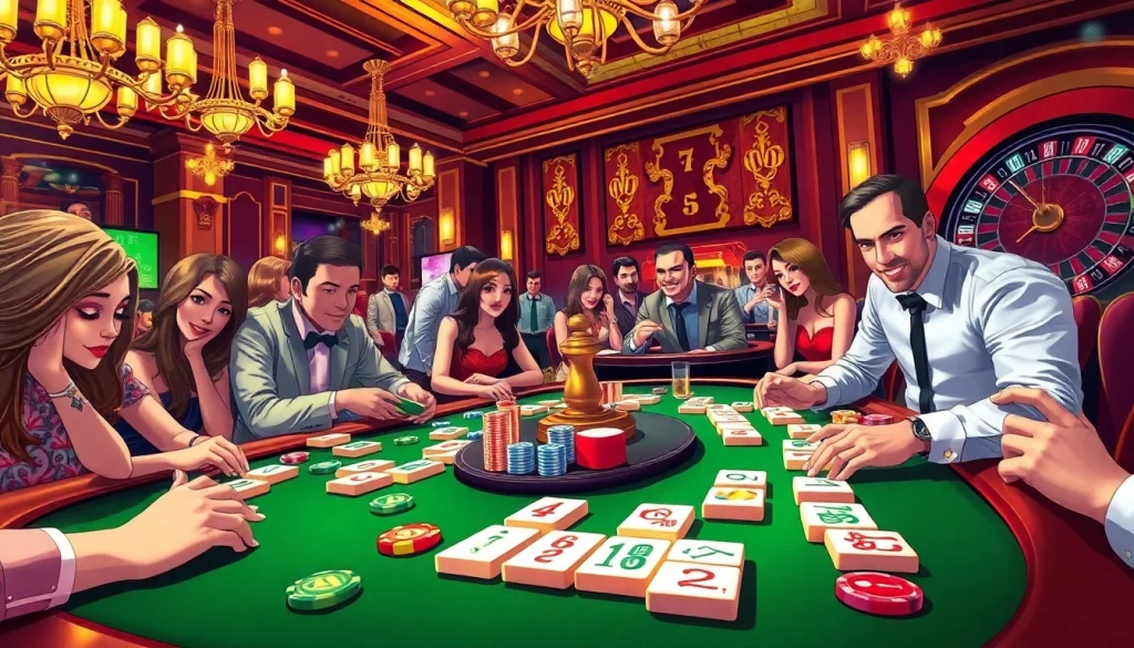 Experience the excitement of mahjong ways 2 with players engaged at a mahjong table in a glamorous casino setting.
