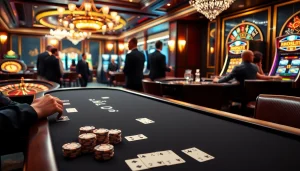 The top club casino features a luxurious poker table with chips and cards, surrounded by vibrant slot machines.