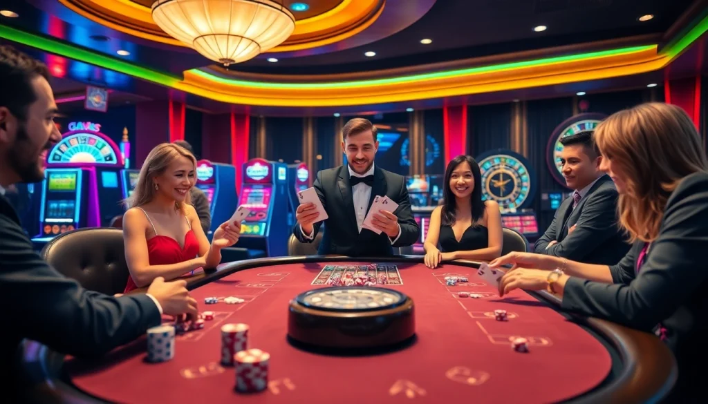 Experience the thrill of רמי אונליין at a luxurious casino gaming table filled with excited players and vibrant poker chips.