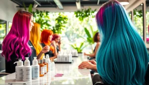 Salon vopsit București cu stiliști aplicați culori vibrante pe părul clienților.