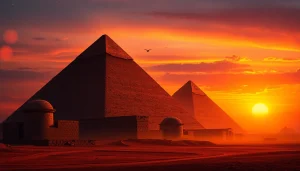 Piraminds casting shadows at sunset, showcasing ancient Egyptian mystique and grandeur.