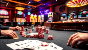 Players engaged at a RR88 poker table with chips and cards in a vibrant casino setting.