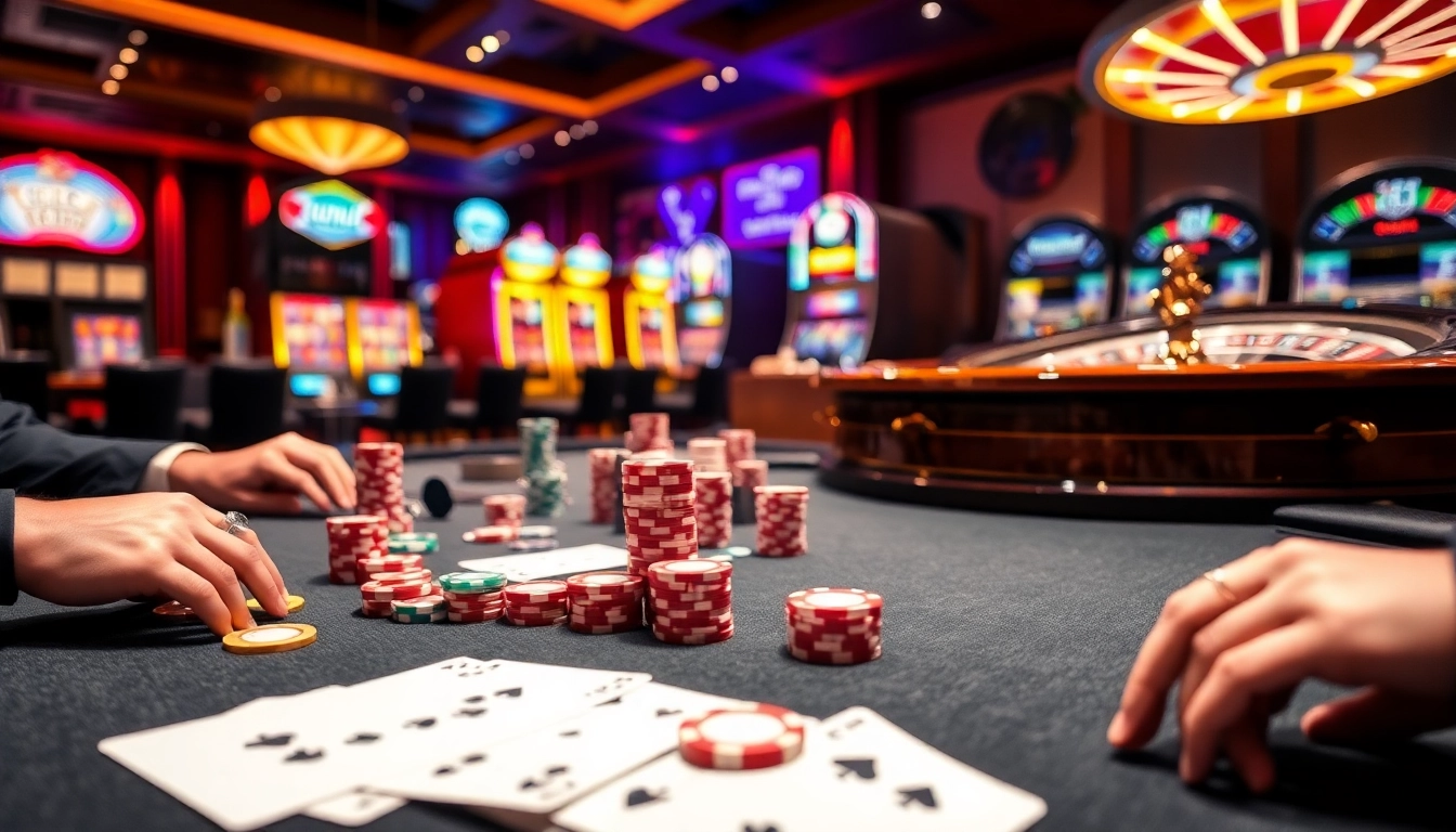 Players engaged at a RR88 poker table with chips and cards in a vibrant casino setting.