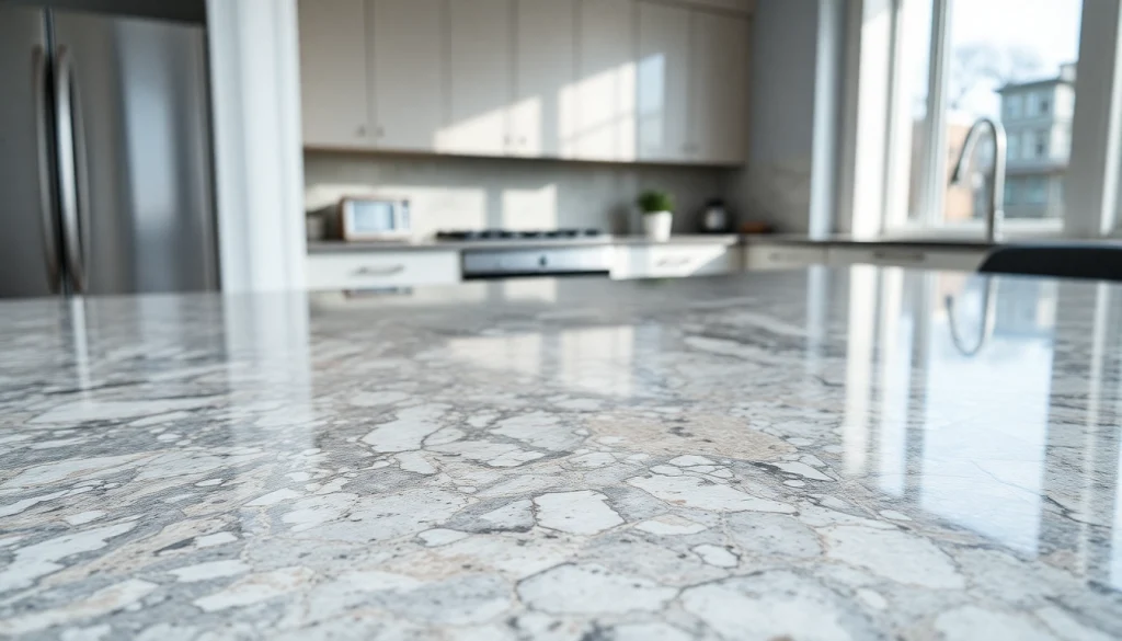 Showcasing Classic Quartz Stone in a beautifully lit kitchen, highlighting its elegant features.