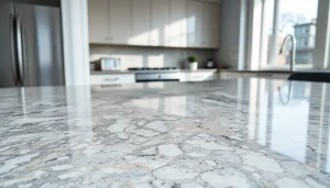 Showcasing Classic Quartz Stone in a beautifully lit kitchen, highlighting its elegant features.