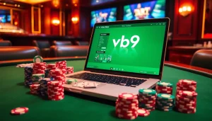 Excited gamblers placing bets on vb9 online casino table with colorful chips.