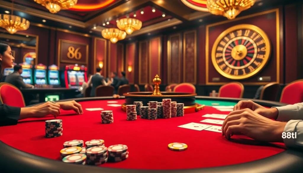 Exciting casino scene showcasing poker action with vibrant 88t-themed chips and roulette wheel.