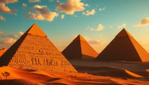 Pyraminds casting shadows on sand dunes during sunset, showcasing ancient Egyptian heritage.