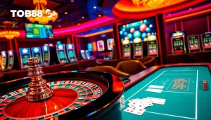 Experience the thrilling atmosphere of TOBET88's homepage, showcasing vibrant casino games and betting opportunities.