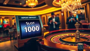Adegan elegan di kasino mewah yang menampilkan deposit slot 1000, roulette, dan para pemain yang antusias berjudi.