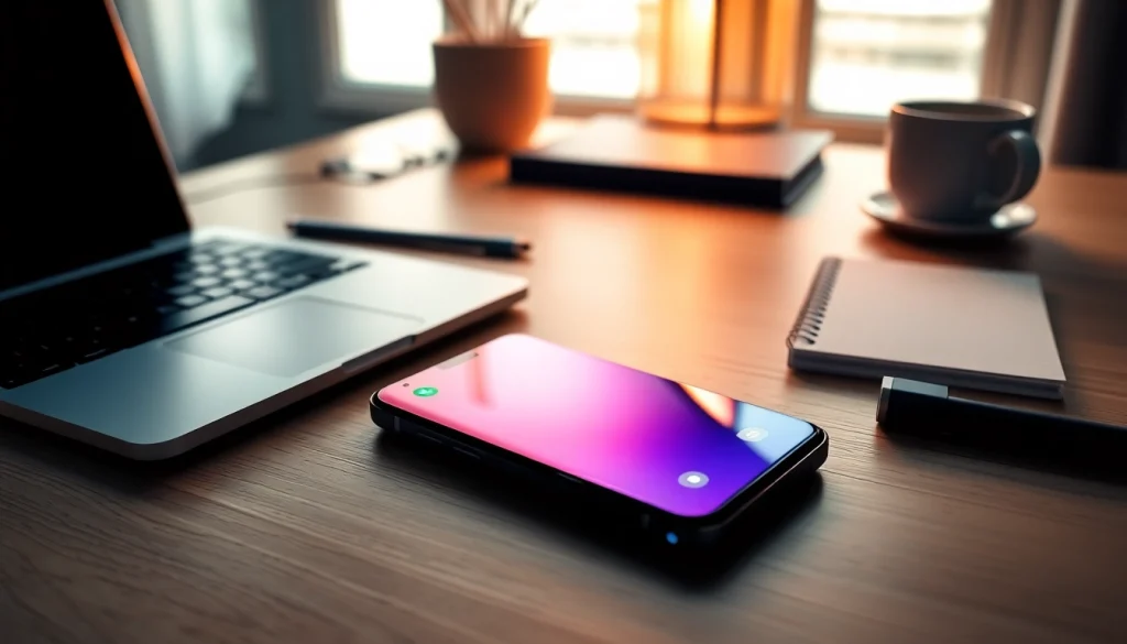 The Samsung Galaxy S8 displayed on a modern desk, featuring its vibrant Infinity Display, with a sleek laptop and coffee cup.