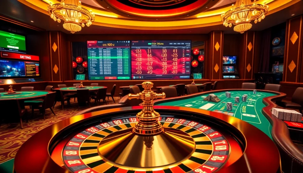 An immersive scene of online gambling at https://mk8th.net/ featuring a roulette wheel and poker tables filled with vibrant chips.