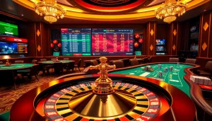 An immersive scene of online gambling at https://mk8th.net/ featuring a roulette wheel and poker tables filled with vibrant chips.