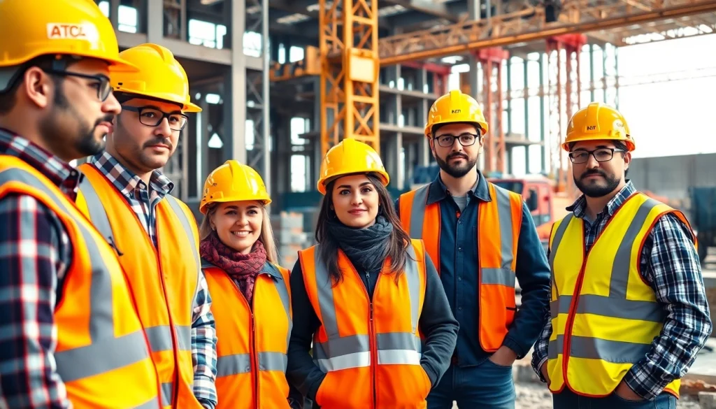Showcasing construction site safety measures, workers in safety gear collaborate effectively.