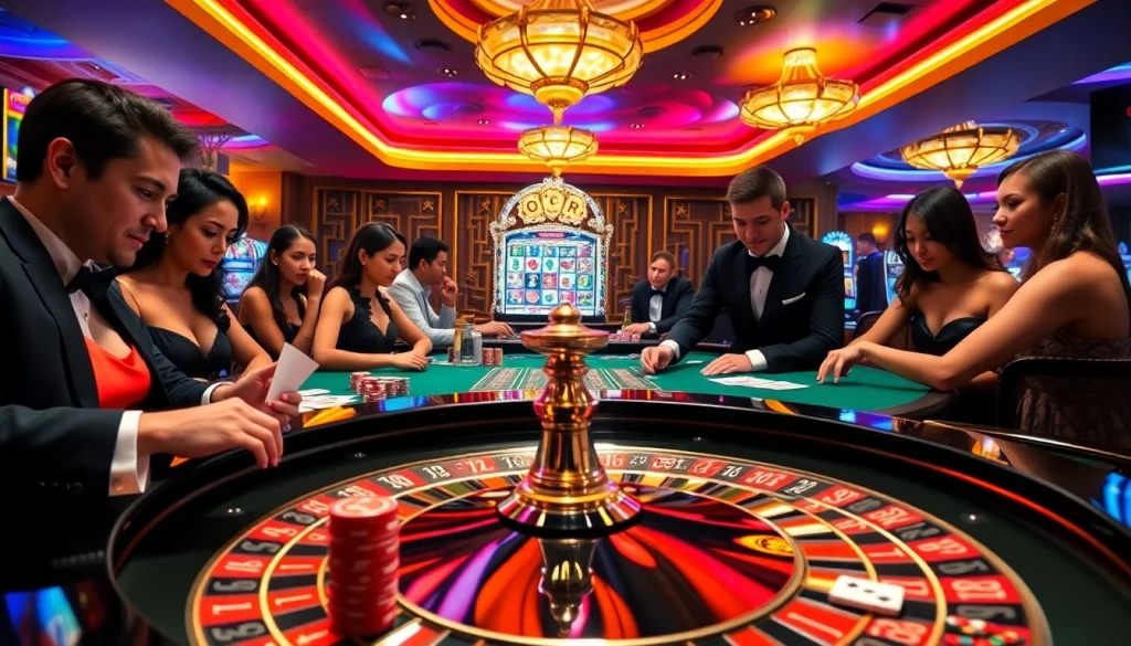 Experience thrilling gameplay at https://okwin68.net/ with elegant casino tables, vibrant colors, and excited players.