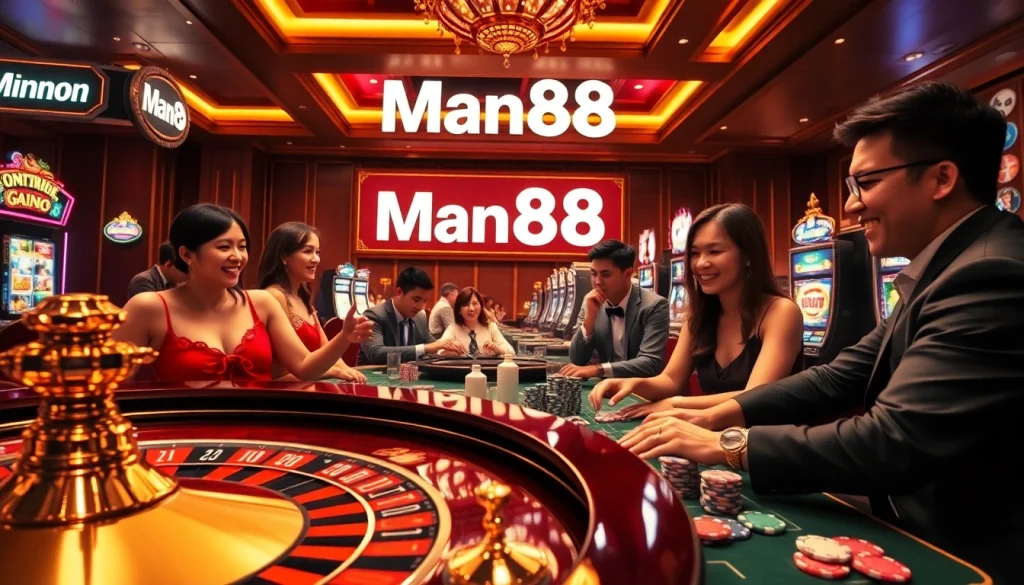 Man88 casino scene featuring players at a roulette wheel and slot machines, showcasing excitement and luxury.