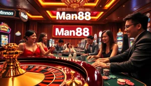 Man88 casino scene featuring players at a roulette wheel and slot machines, showcasing excitement and luxury.